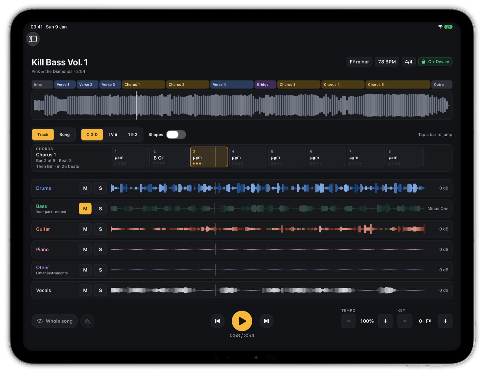 The Shed on iPad: a song split into six stems, the bass muted as your part