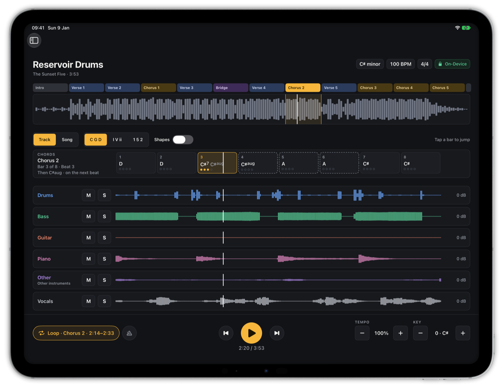 Practice screen with the second chorus looping