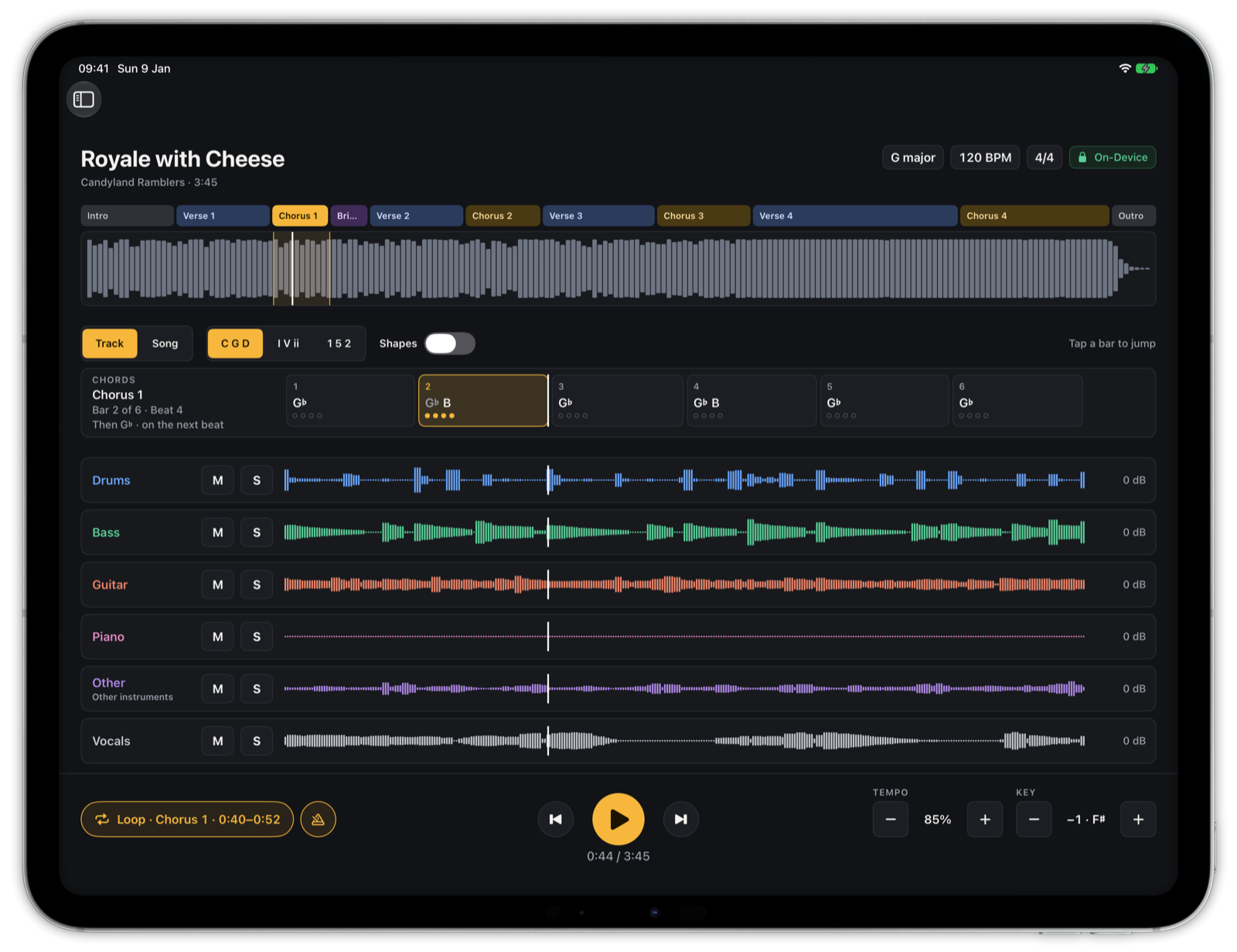 The first chorus looping at 85 percent tempo, one semitone down