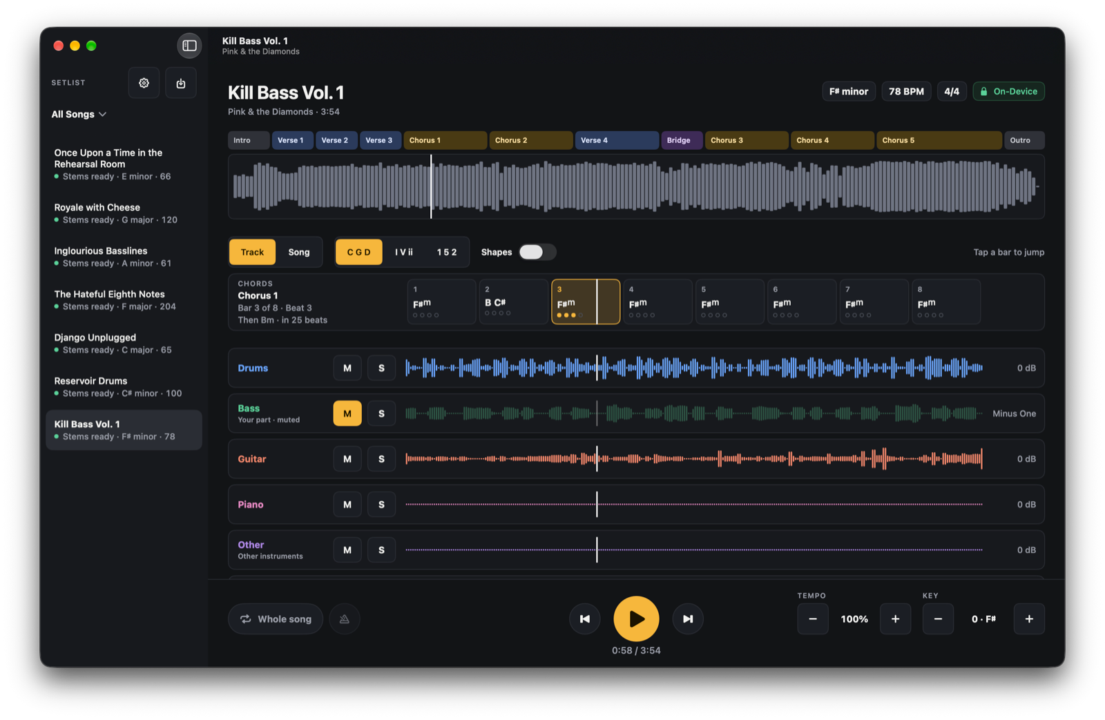 The Shed on the Mac: setlist sidebar and practice screen
